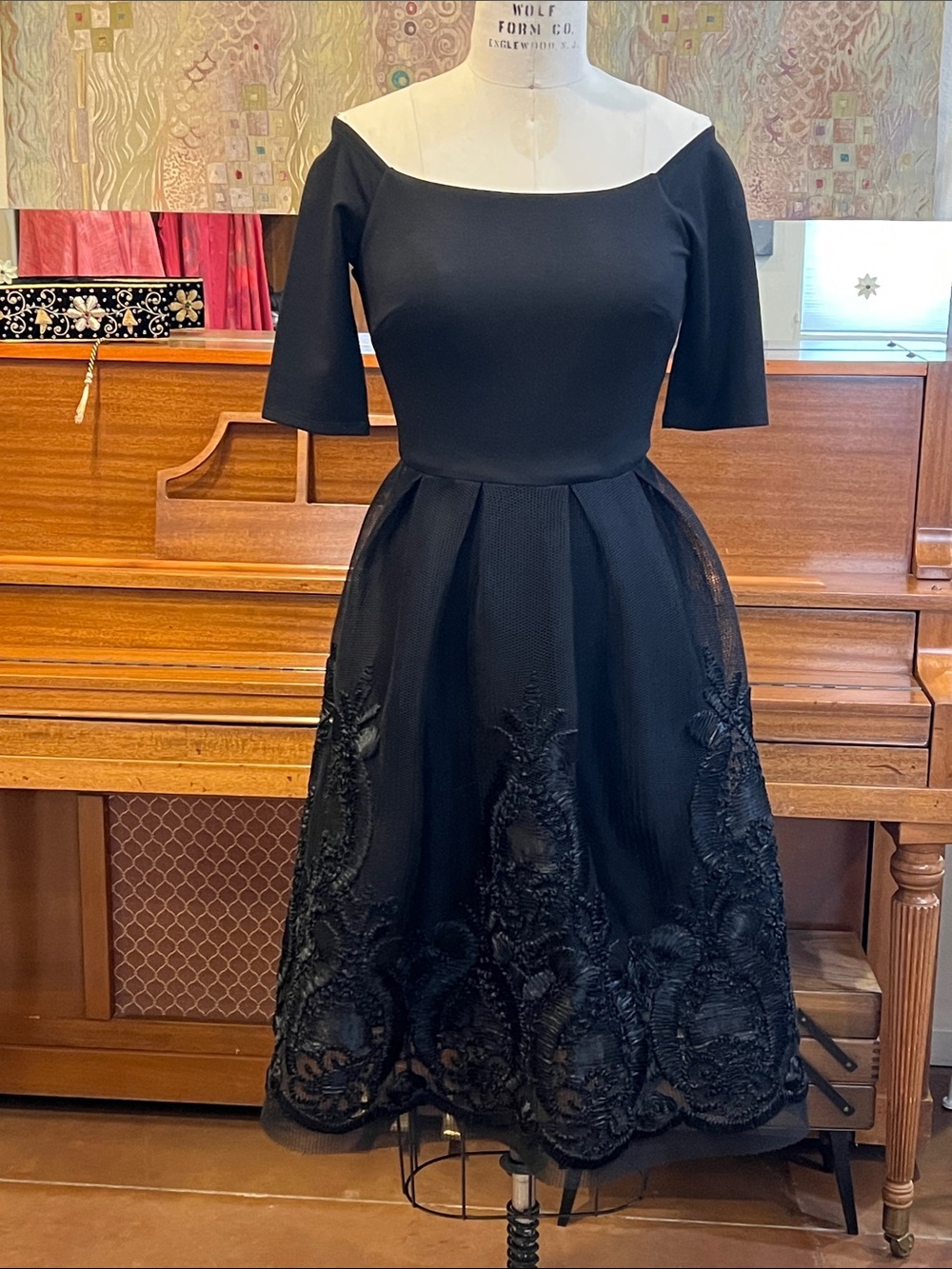 Gianni Bini Black Off-Shoulder Midi Dress with Embroidered Mesh Skirt